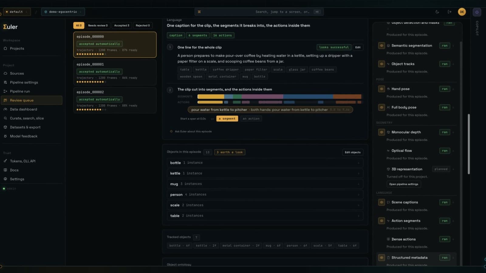 Euler review queue showing multimodal annotations and readiness status